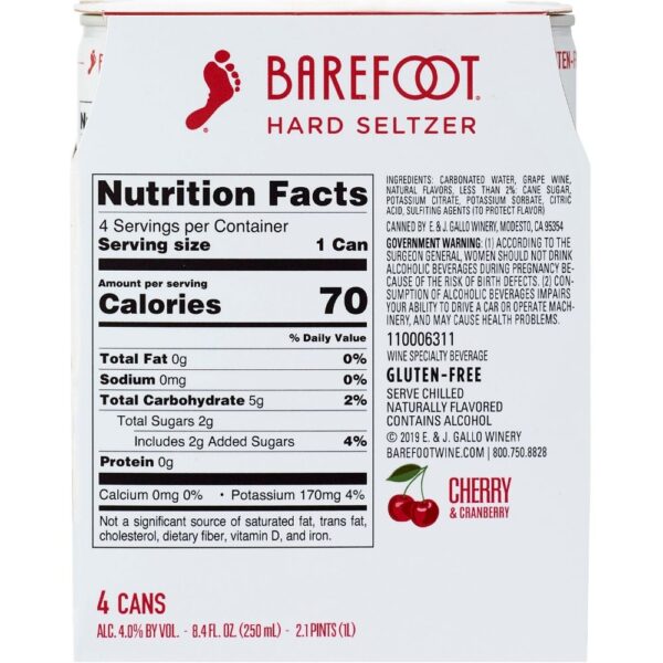 Barefoot Hard Seltzer Cherry & Cranberry 250mL 4 Pack BACK